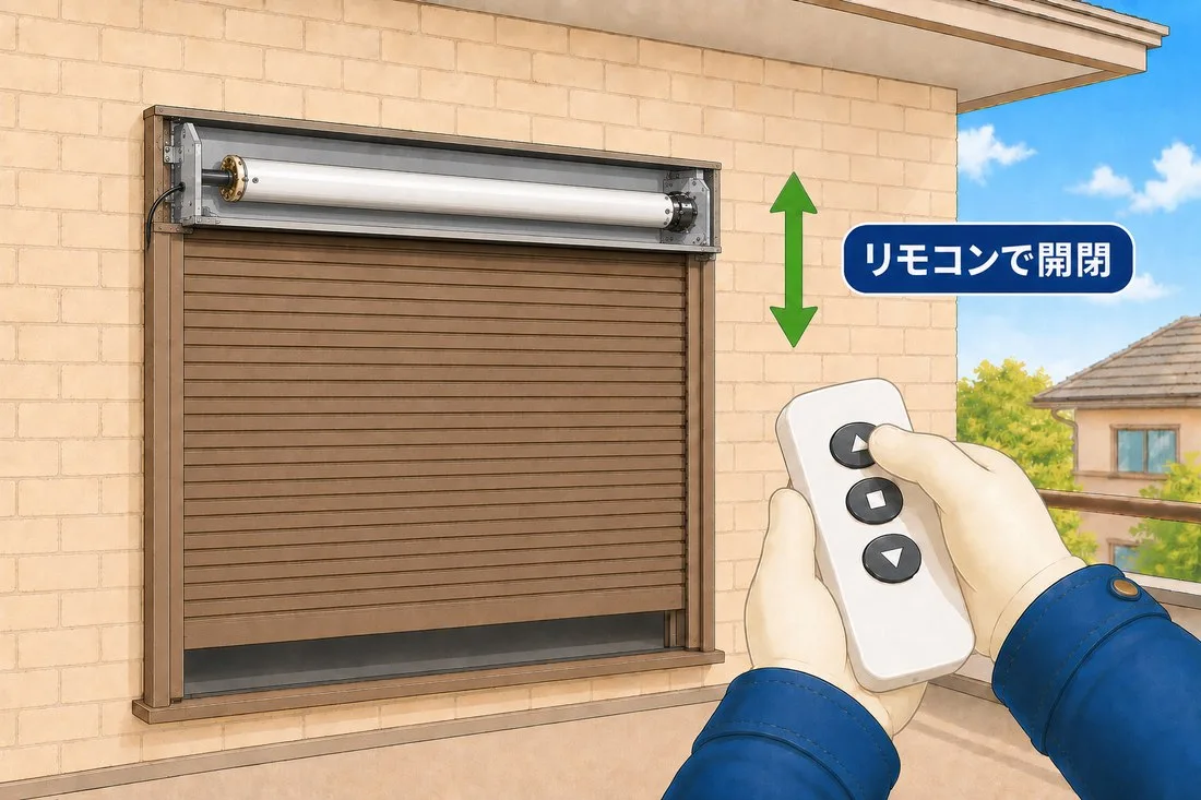 交換後、リモコンのボタンでシャッターを開け閉めしている図