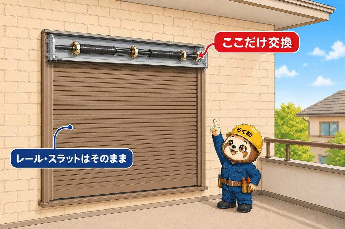 既存シャッターのレールとスラットはそのままに、上部のシャフトだけを交換することを示した図